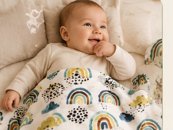 Bebê sorrindo enrolado na manta MimiBaby estampa arco-íris