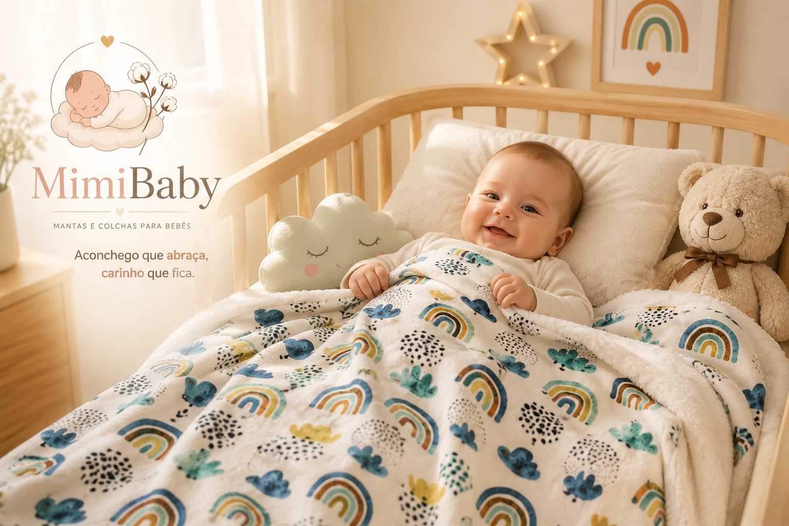 Bebê sorrindo enrolado na manta MimiBaby estampa arco-íris, no berço, com a logo da marca MimiBaby e a frase Aconchego que abraça, carinho que fica